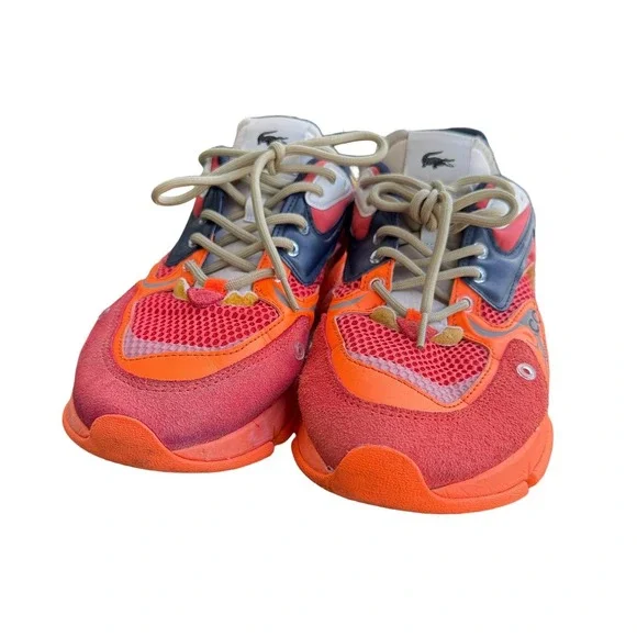 Lacoste L003 Neo Sneakers Mens 12 Orange Red Mesh Suede Runner Shoes Casual EUC
